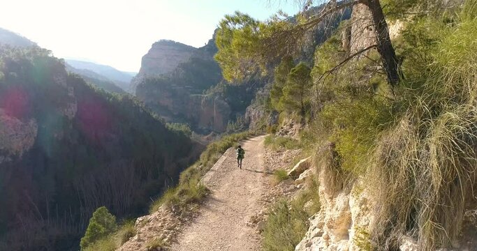 Mujer senderista camina junto precipicio en gran ca&ntilde;&oacute;n monta&ntilde;oso y dron vuela hacia ella