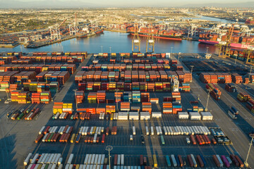 Aerial, drone shot of cargo containers in Long Beach port California USA - obrazy, fototapety, plakaty