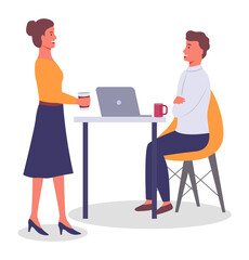 Office meeting and consideration of working affairs. Woman office worker discussing project with boss. Businesswoman dressed formally standing in room and talking to man siting at table with laptop