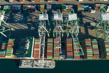 Containers on a big container cargo ship docked at Long Beach California USA