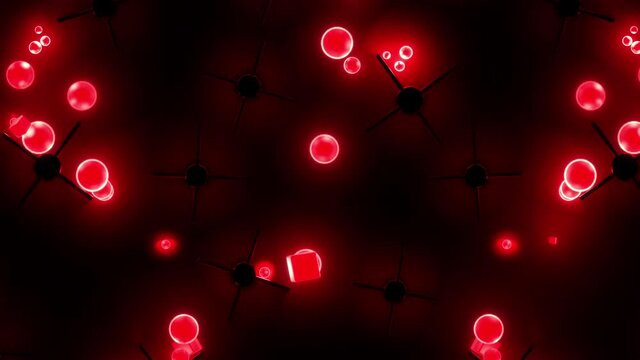 Falling neon red glowing balls and cubes, bouncing jumping from obstacles on background. Interactive particles motion Animated gravity effect. Abstract fun concept 3d render