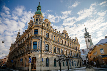 Art Nouveau neo renaissance historical building on Janacek Street at Alsovo Square in winter sunny...