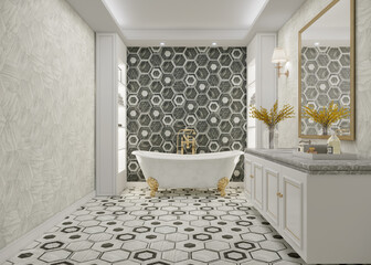 Luxury bathroom with bathtube and floor-wall design, 3d render