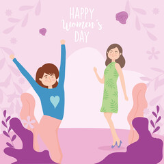 Happy womens day girls cartoons on purple background vector design