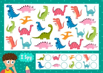 I spy game for kids. Find and count the cute dinosaurs. Search the same dino puzzle for children. How many funny activity page. Vector illustration © juliyas
