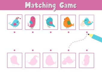 Find the correct shadow matching game with cute birds. Funny activity page for kids. Search the silhouette puzzle. Vector illustration