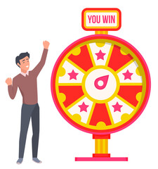Happy smiling man winning prize. Spinning wheel of fortune with red and white sectors and stars. Lucky roulette vector illustration. Gambling game concept