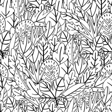 Doodle leaves seamless pattern. Whimsical plants coloring page. Black and white floral print for coloring book. Nature outline background. Vector illustration