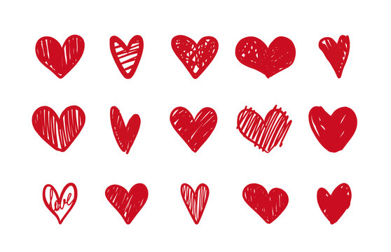 Hand drawn hearts. Design elements for Valentine's day. Romantic design. Set of 15 various decorative shapes. Red doodle ,vector illustration.