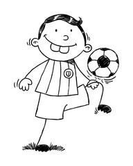 Little boy plays soccer. Hand drawn black and white  illustration of a boy who skips the soccer ball. Vector EPS. 