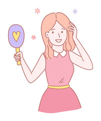 Cute cartoon character girl. Isolated at white portrait of smiling young girl. Drawing sketch art. Cute pretty girl wearing dress holding mirror or hairbrush in hand. Simple avatar of young female