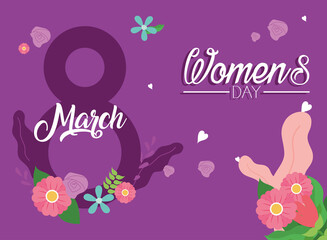 Womens day eight march with flowers on purple background vector design