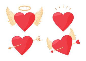 Valentines vector set. Hearts, wings angel, arrow pierced heart. Holiday illustration