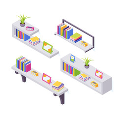 Books on shelf in isometric vector illustration set.