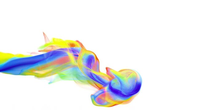 Iridescent multicolored rainbow color paint ink drops in water. Slow motion art background. Inky cloud swirling flowing underwater. Abstract smoke fluid liquid animation isolated on white alpha matte