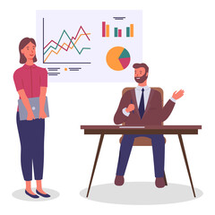 Businesswoman stand near table with sitting executive man. Boss talking with worker, presentation with graph, diagram, chart on white board. Cartoon character presenting financial plan, statistics