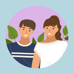 Young people in casual clothes on a background of green leaves. Friends guy and girl, couple in love. Smiling man and woman standing straight. Married couple husband and wife. Colleagues portrait