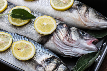 fresh sea bass pready for cooking in the pan with lemon slices and sage