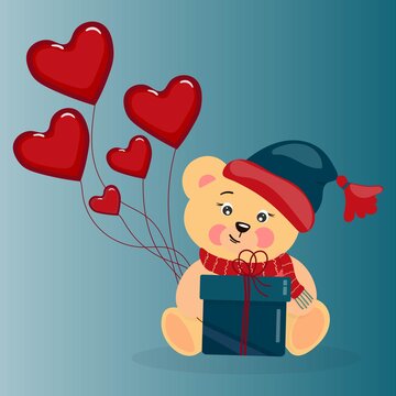 A cute, cartoonish teddy bear in a warm hat holds a gift and balloons. For postcards, flyers, labels, advertising. Vector illustration for Christmas, Valentine's Day or Birthday. Childrens toys 