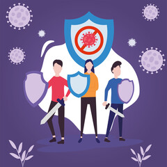 covid 19 virus fight and people with shields and swords vector design