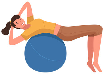Woman doing fitness exercise. Young smiling girl is engaged in pilates with a gymnastic ball isolated on white background. Slim lady dressed in a sportive uniform in a flat style doing sports