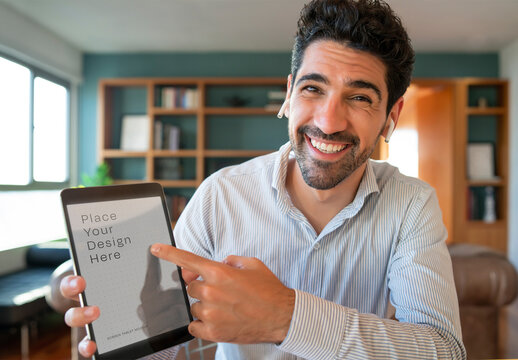 Man Using Tablet with Screen Mockup