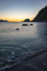 Sunset at Haukland beach in north Norway