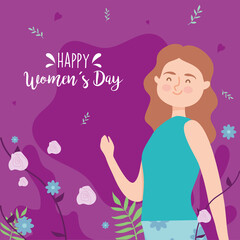 Fototapeta na wymiar Happy womens day girl cartoon with blue flowers vector design