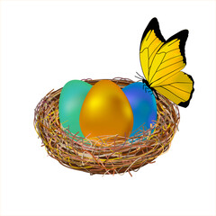 Three Easter eggs in a nest isolated on white background. Raster illustration. Yellow butterfly sitting on an egg.