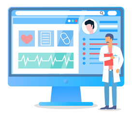 Doctor with folder standing near computer screen with personal medical card of patient. Information about health. Online medicine. Physician or therapist wearing medical gown holding card in hand