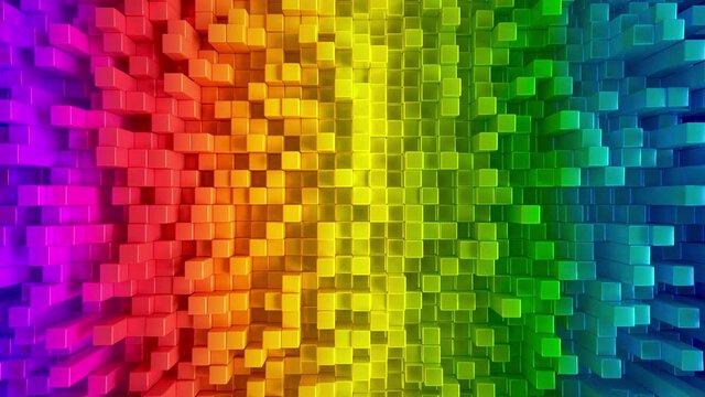 Abstract iridescent colourful metallic cubes background. Rainbow colored cube pattern wall. Vivid multicolored 3D rendering. Colorful projection mapping element moving cubic surface 4k top view loop