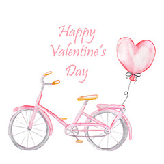 A bicycle with balloons in the shape of a heart. Valentine's day and love. Illustration for a postcard or a poster.