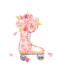 Collection of watercolors for Valentine's Day. Isolated on white. Roller skates and a bouquet of flowers.