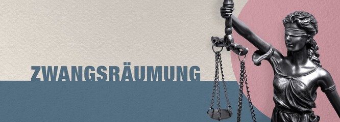 Zwangsräumung. Close-up einer Justitia Statue. Symbol für Gerechtigkeit und Anwalt. Figur steht...