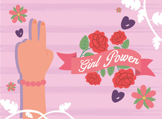 Girl power love and peace hand with flowers vector design