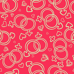 Lgbt community symbols. Gay, lesbian and heterosexual pattern. Yellow symbols on a red background.