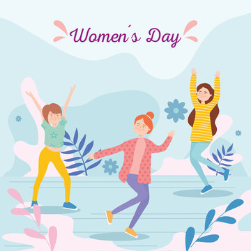 Womens day girls cartoons with flowers and leaves vector design