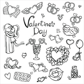 Cute black and white doodle for valentine's day. Hearts, birds, kiss, lips, lollipops, flowers, balloon. Black drawing on a white background.