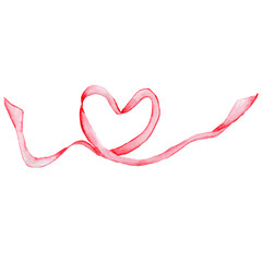 Watercolor illustration for Valentine's Day. Pink ribbon in the shape of a heart. Isolated on white.