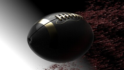 Gold-Black American Football Ball with Red Particles under spot lighting. 3D CG. 3D illustration. 3D high quality rendering. 