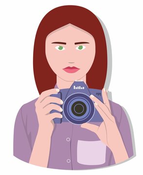 A girl photographer with dark red hair, green eyes, in an purple blouse holds a violet camera and looks forward. Vector drawing of a woman photojournalist with a gray shadow on a background
