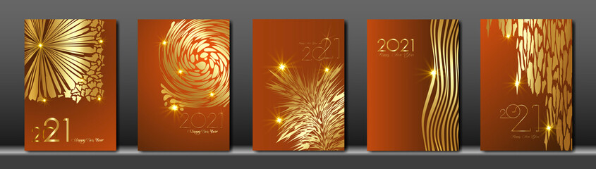 set cards 2021 Happy New Year gold texture, golden luxury brown modern background, elements for calendar and greetings card or Christmas themed winter holiday invitations with tree floral decorations