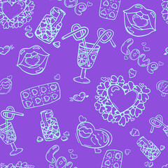 Cute patern in blue and lilac  colors. Hearts, lollipops, lips, medicine, cocktail with two tubes. Pink drawing on a green background. Suitable for Valentine's Day.