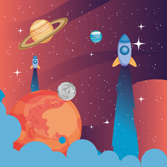 Space rockets sun and planets vector design