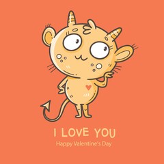 Valentine's day card with cute cartoon imp. Greeting print with doodle funny animal. Line art poster for children. Vector holiday illustration.