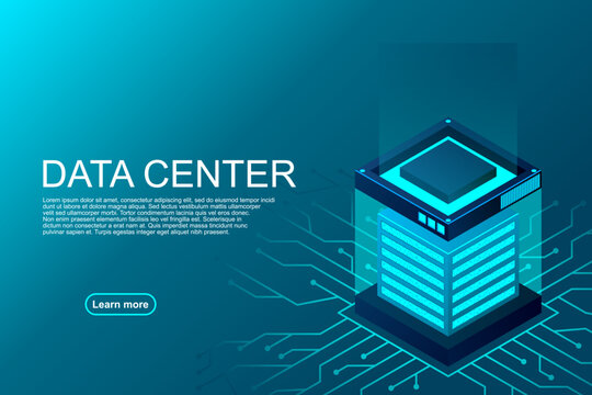 Isometric Data center landing page. Isometric servers vector design. Enterprise hosting solutions concept. Big modern data center, server room, cloud data storage files service