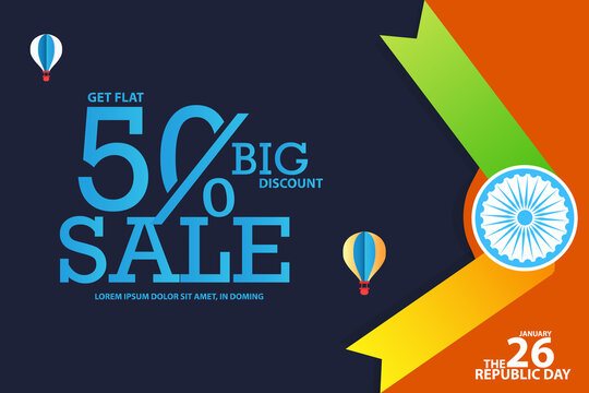 Illustration of Happy Indian Republic day celebration poster or banner background. 50% Discount sale.
