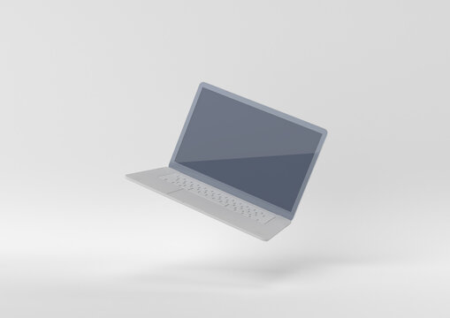 White Laptop Floating On White Background. Minimal Concept Idea. 3d Render.