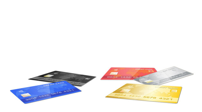 Fünf liegende verschiedene Kreditkarten,
Kreditkartenauswahl in fünf Farben, 
Vektor Illustration isoliert auf weißem Hintergrund
