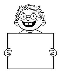 Hand drawn black and white illustration of kid who hold a blank banner. Vector EPS. 